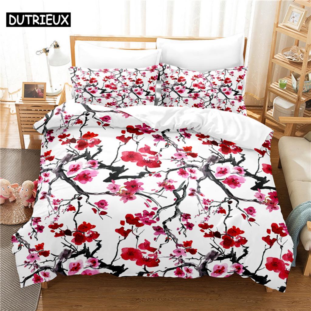 Linen Duvet Cover - ชุดเครื่องนอนลายดอกไม้ ชุดผ้าปูที่นอนพร้อมปลอกผ้านวม ลายพิมพ์ดิจิทัล 3 มิติ ชุดเครื่องนอนขนาดควีนไซส์