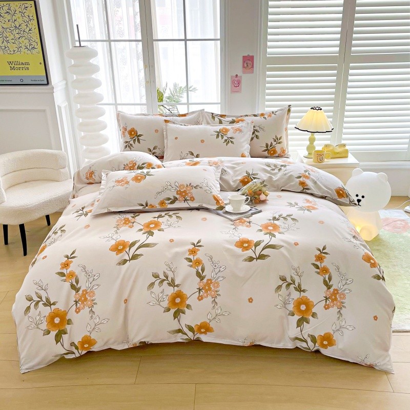 Linen Duvet Cover - ชุดเครื่องนอนลายดอกไม้สีเหลือง 4 ชิ้น ผ้าปูที่นอนนุ่ม ระบายอากาศได้ดี พร้อมปลอกผ้านวม