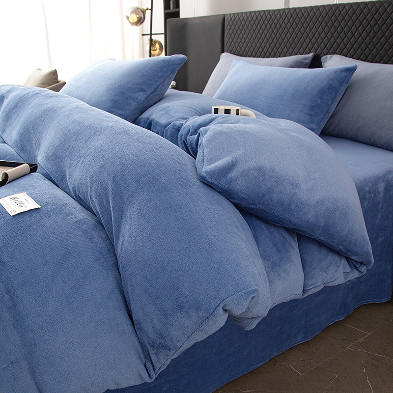 Linen Duvet Cover - ชุดเครื่องนอนผ้ากำมะหยี่นมหนานุ่ม 4 ชิ้น ผ้าห่มคอรัลฟลีซสองด้าน พร้อมผ้านวมและผ้าปูที่นอน อุ่นสบายสำหรับฤดูหนาว