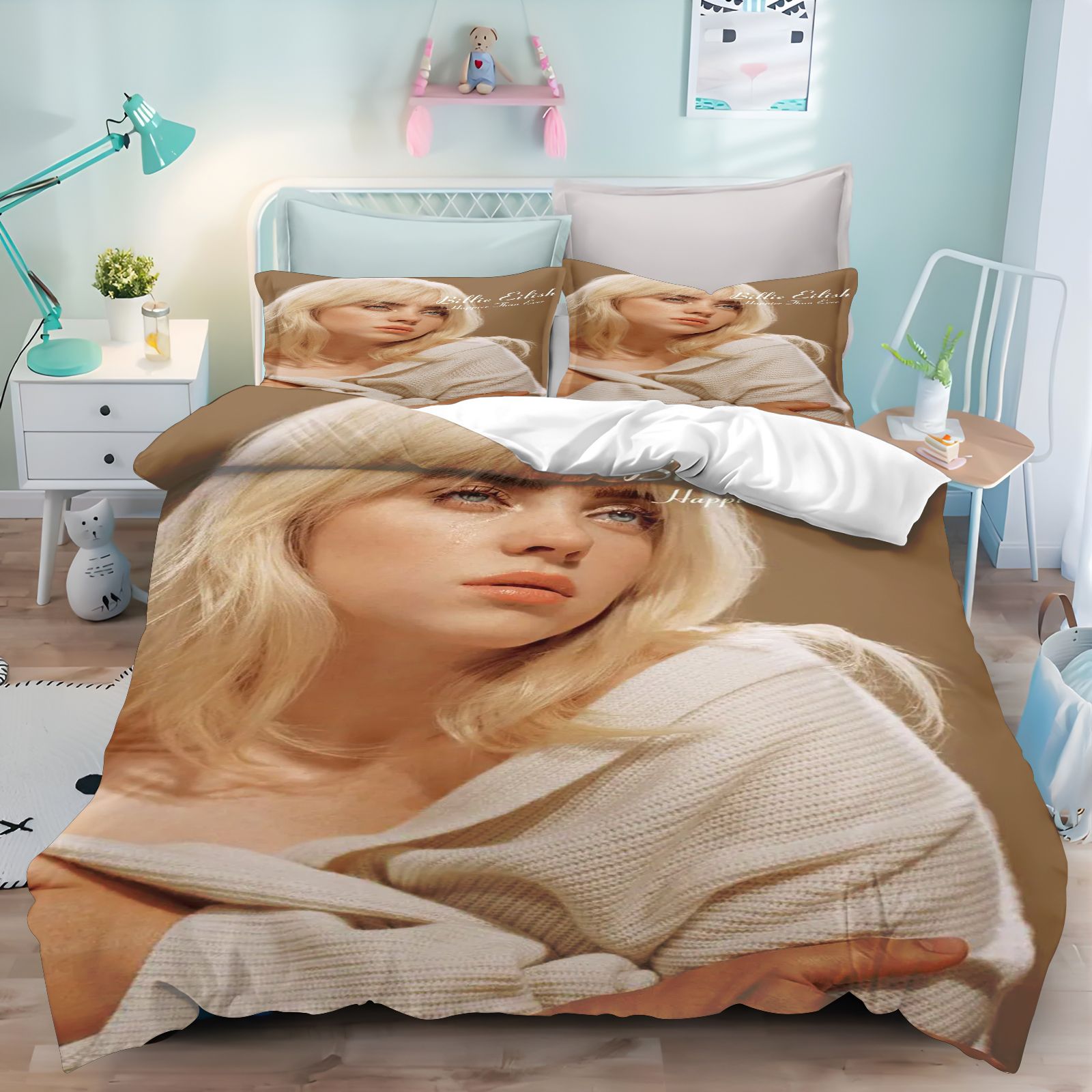 Linen Duvet Cover - ชุดเครื่องนอน Billie Eilish ลายพิมพ์ 3D ปลอกผ้านวม