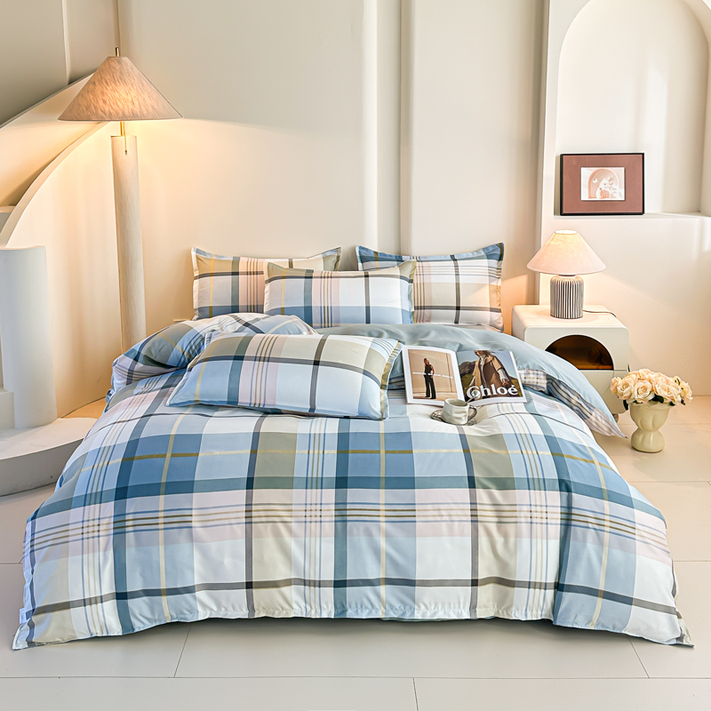 Linen Duvet Cover - ชุดเครื่องนอนลายสก๊อตสีน้ำเงิน 4 ชิ้น ชุดผ้าห่มลายตารางเรขาคณิตทันสมัย พร้อมปลอกหมอน ผ้าปูที่นอนนุ่ม