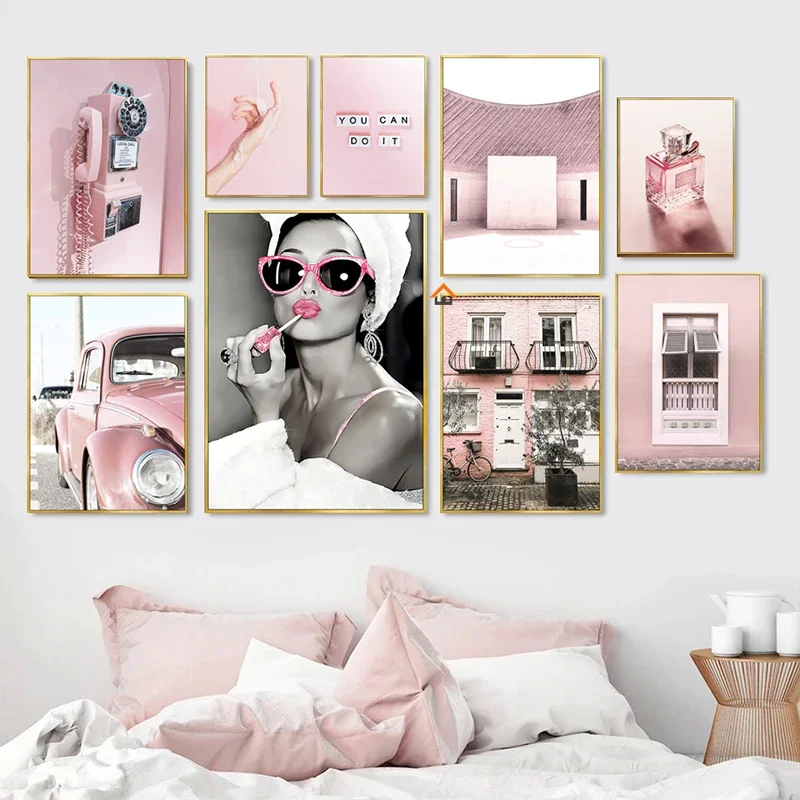 Luxury Lifestyle - ภาพตกแต่งผนังลายโปสเตอร์โทรศัพท์รถยนต์วินเทจสีชมพูสำหรับผู้หญิง น้ำหอมหรูหรา ภาพศิลปะบนผ้าใบสำหรับตกแต่งห้องนั่งเล่นและห้องน้ำ