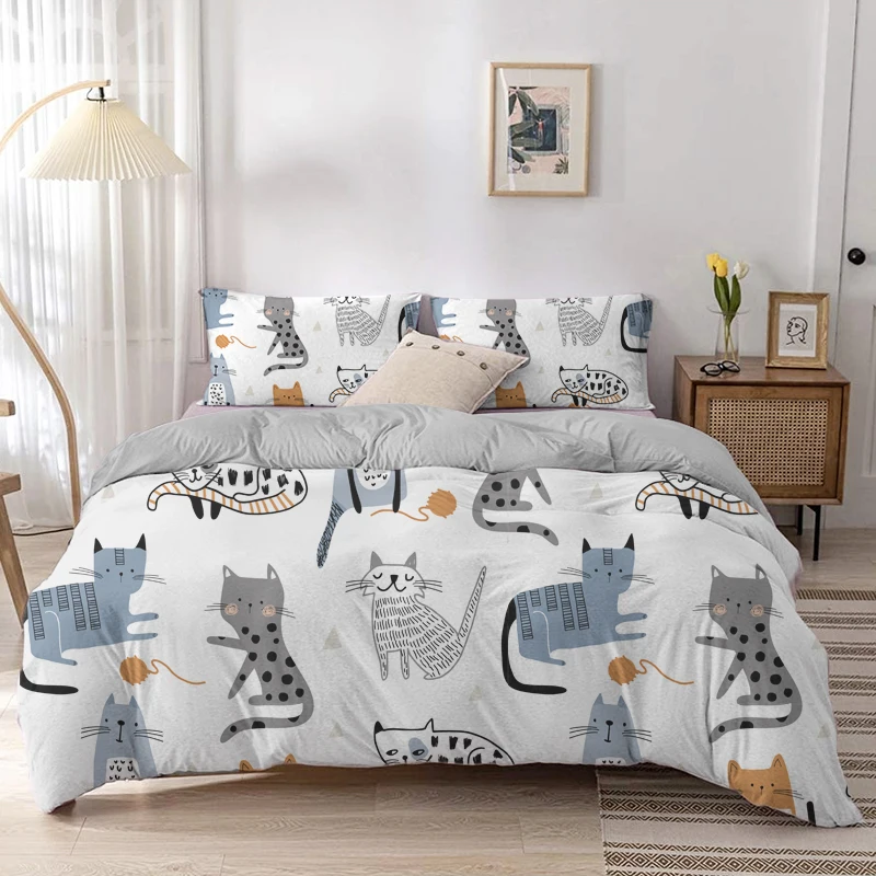 การ์ตูนแมวผ้านวมชุดการ์ตูนพิมพ - Linen Duvet Cover บทวิจารณ์และราคา